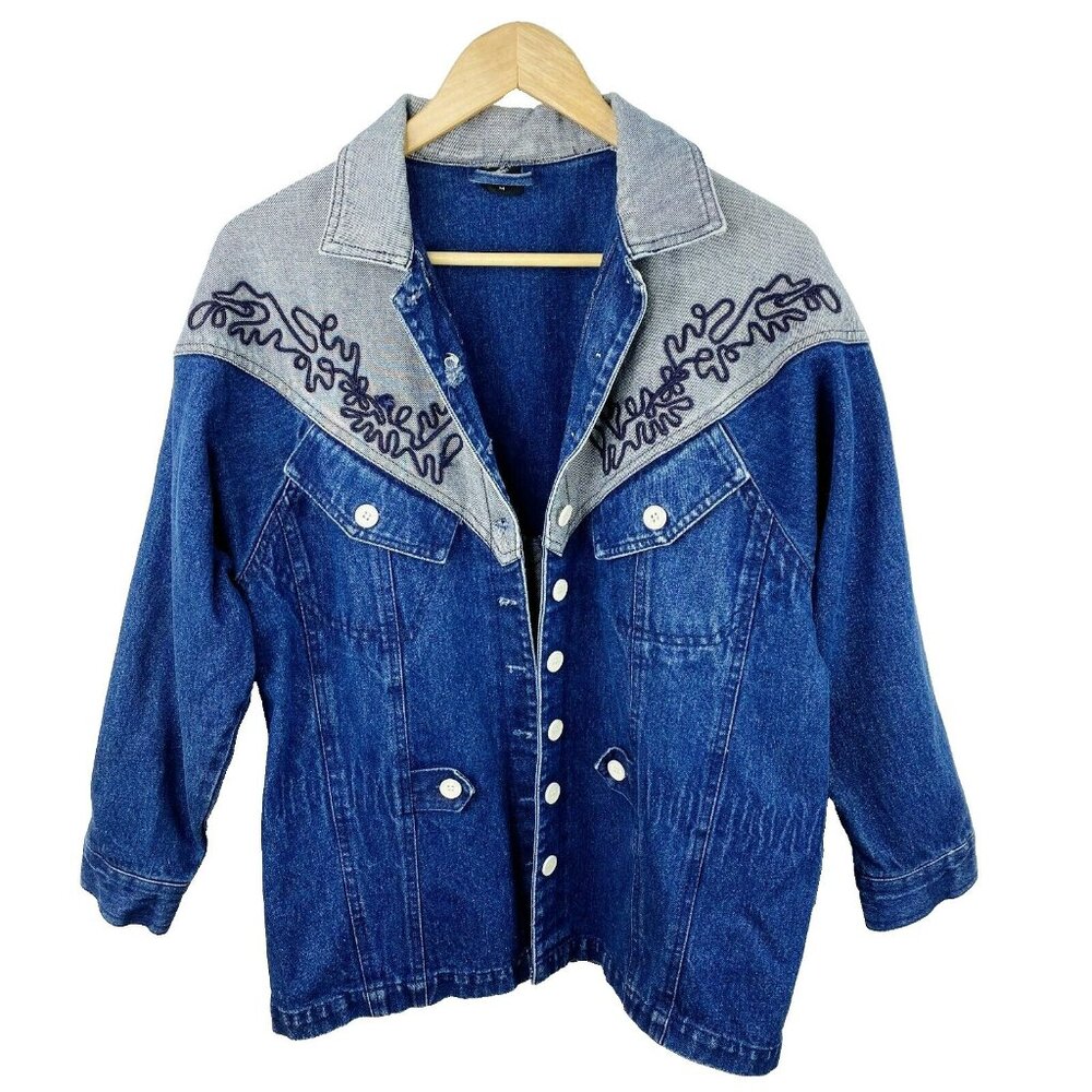 Vintage Denim Jean Jacket Womens Size Medium Blue Western Oversize Embroidery